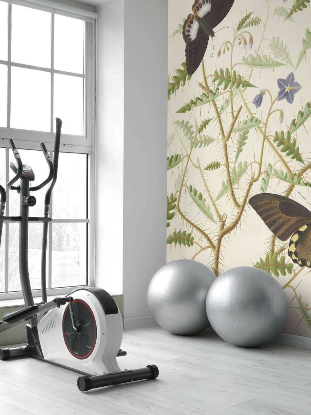 A blossoming shrub with two exotic butterflies