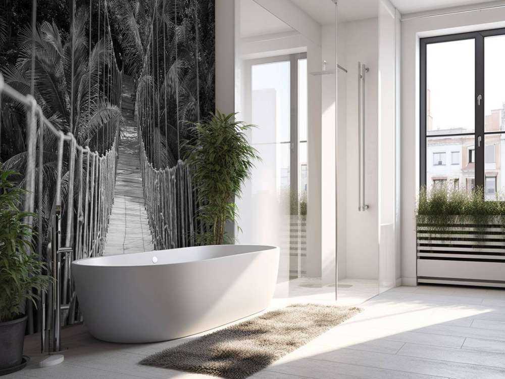 Wooden bridge between the palm trees