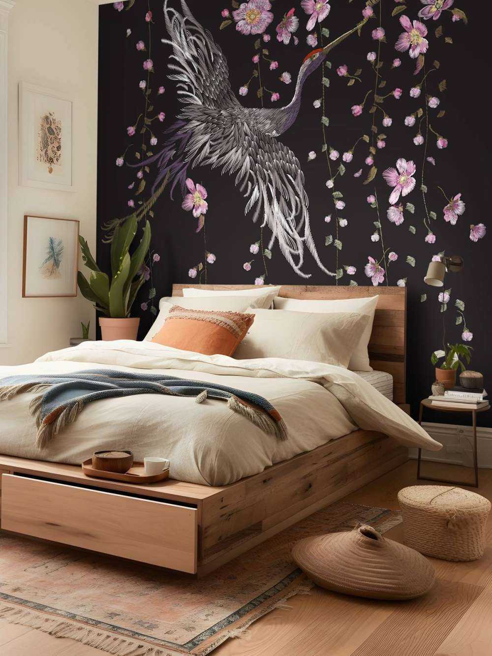 Kraanvogel bij roze bloemen