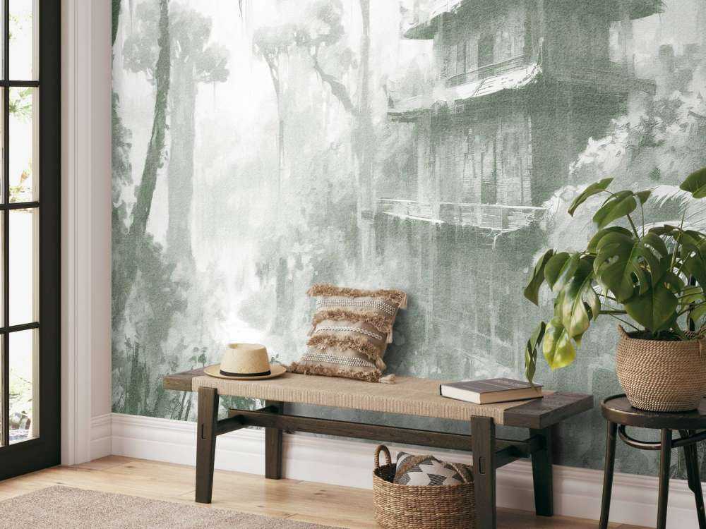 Hidden Hut in Misty Forest, green