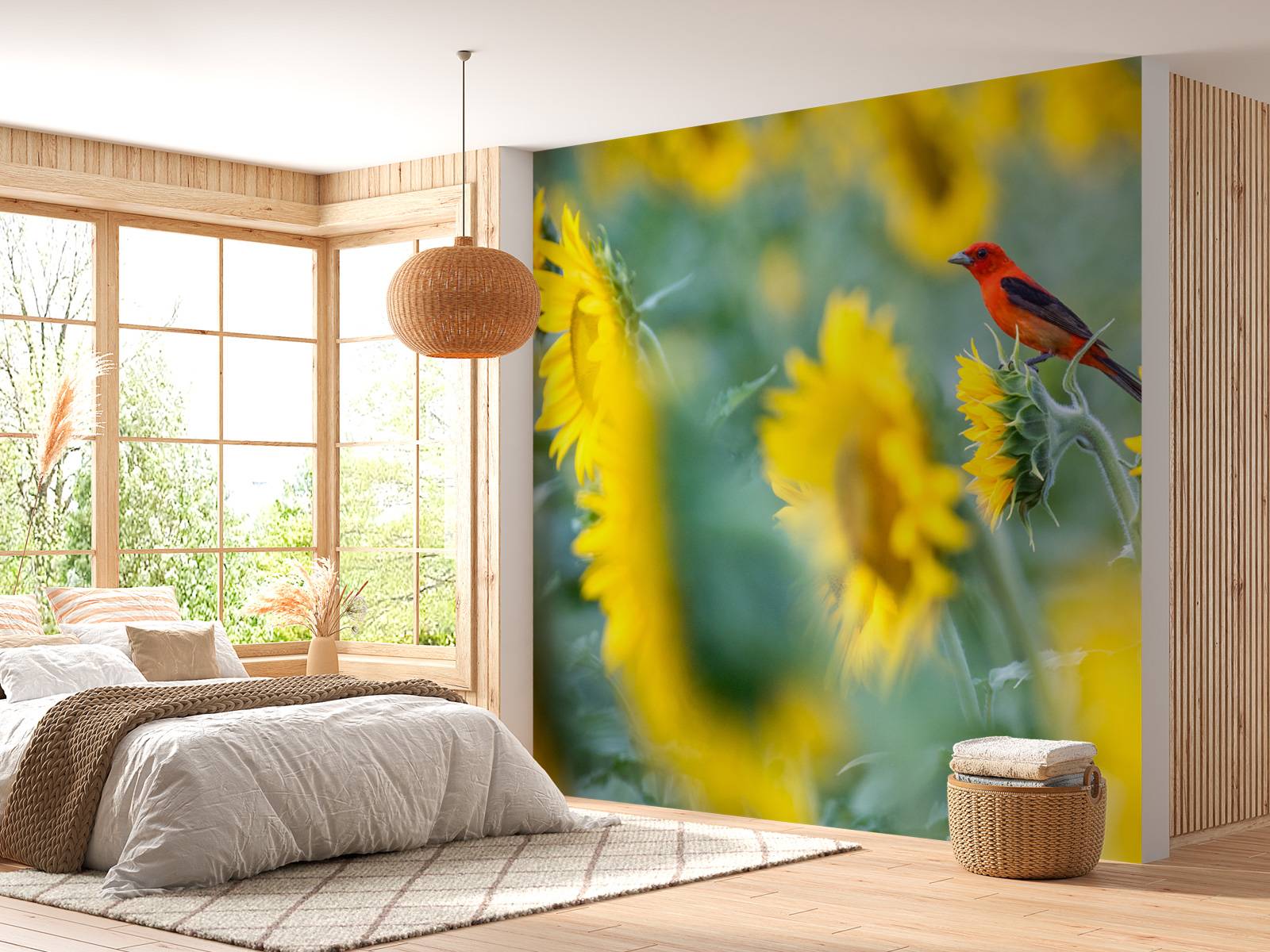 Sunflower field with red bird