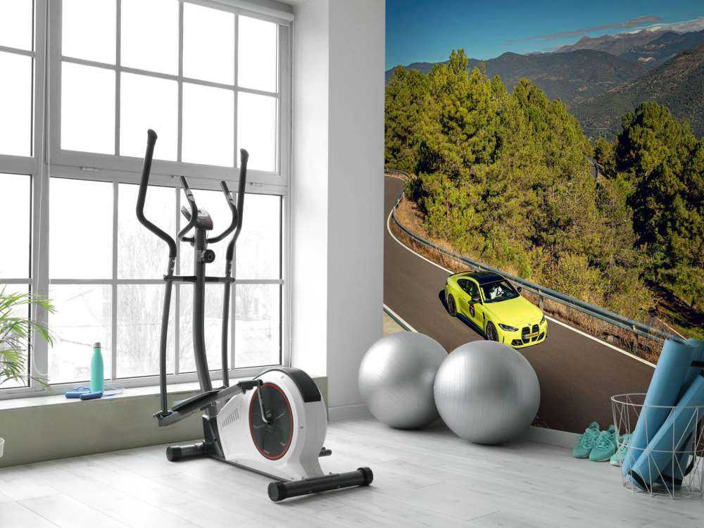 Lime green BMW on mountain road