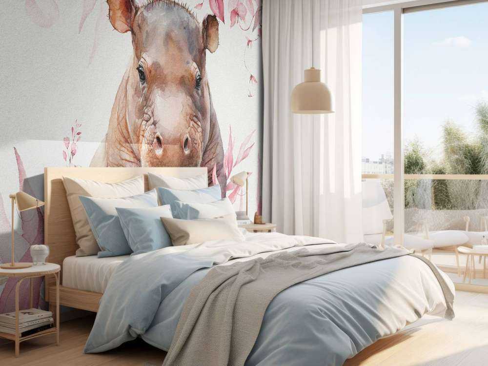 Baby hippo in the leaves pink