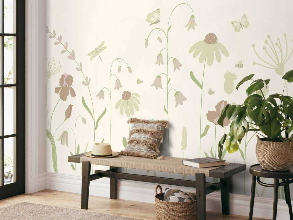 Flower field high with butterflies beige and old pink