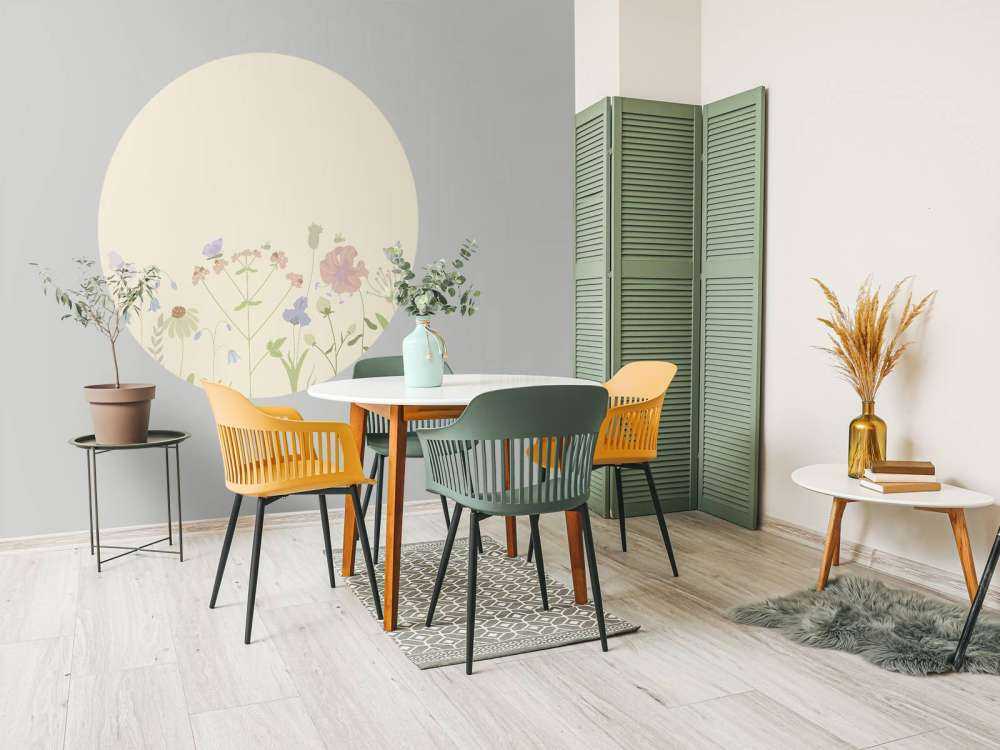 Field of flowers with butterflies beige, old pink, green and lilac