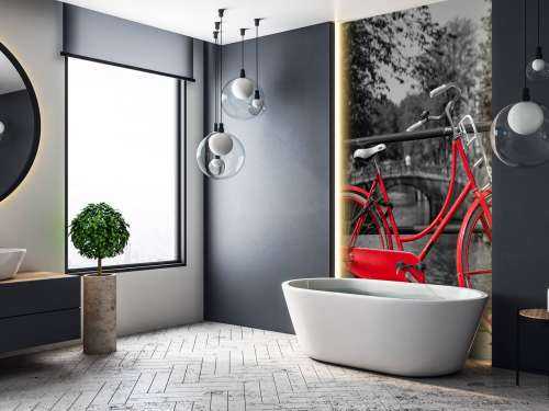Red bike on bridge