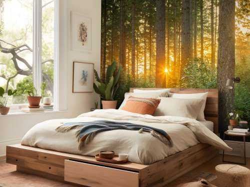 Sunbeams in a coniferous forest