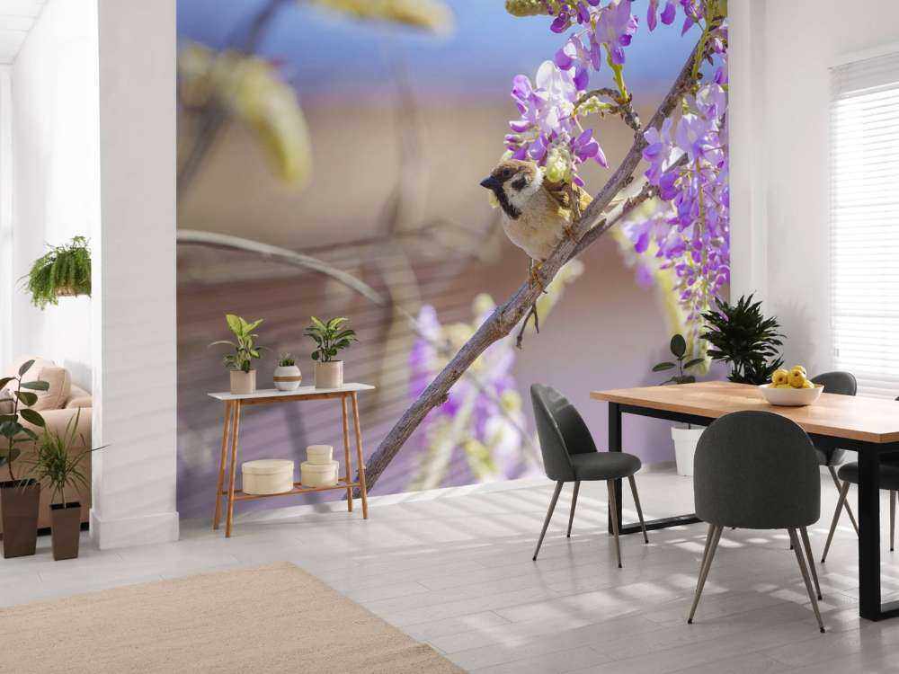 Sparrow and purple flowers