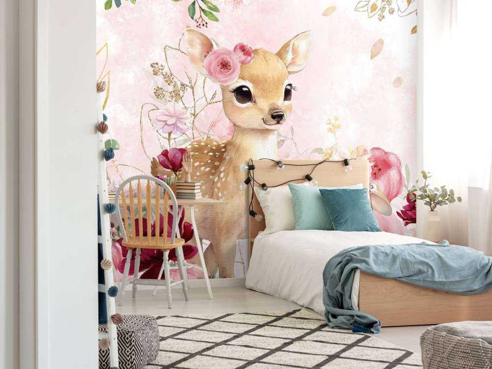 Fawn and rabbit in floral splendor
