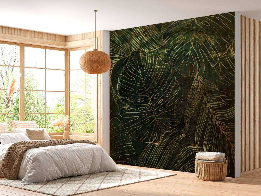 Green texture with golden leaves