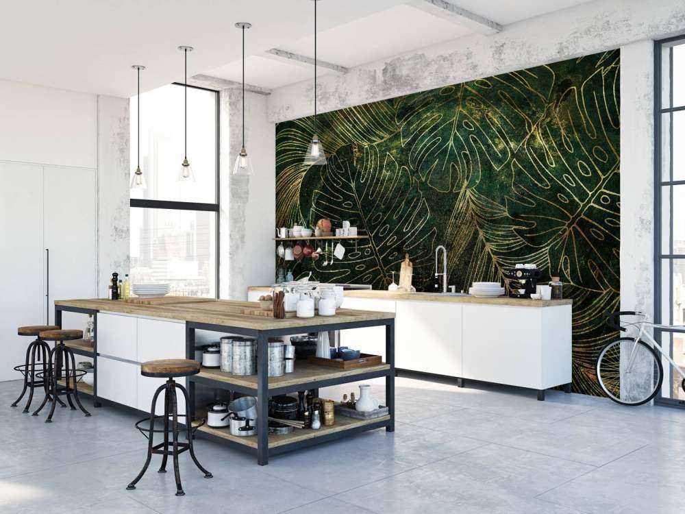 Green texture with golden leaves