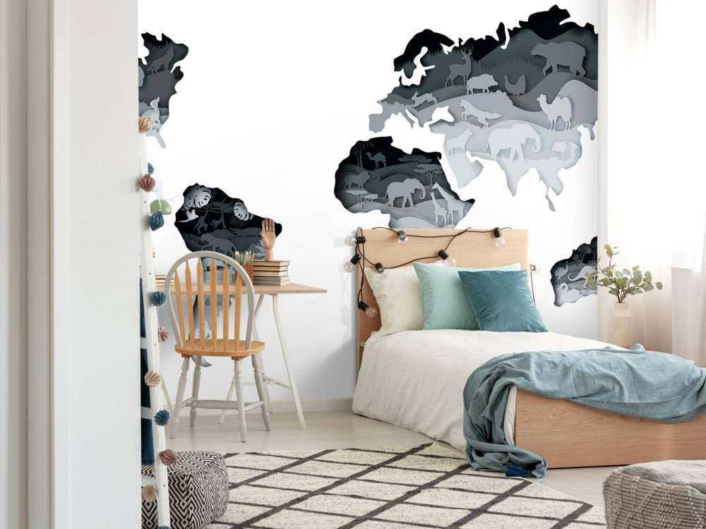 Dieren wereldkaart grijs tinten