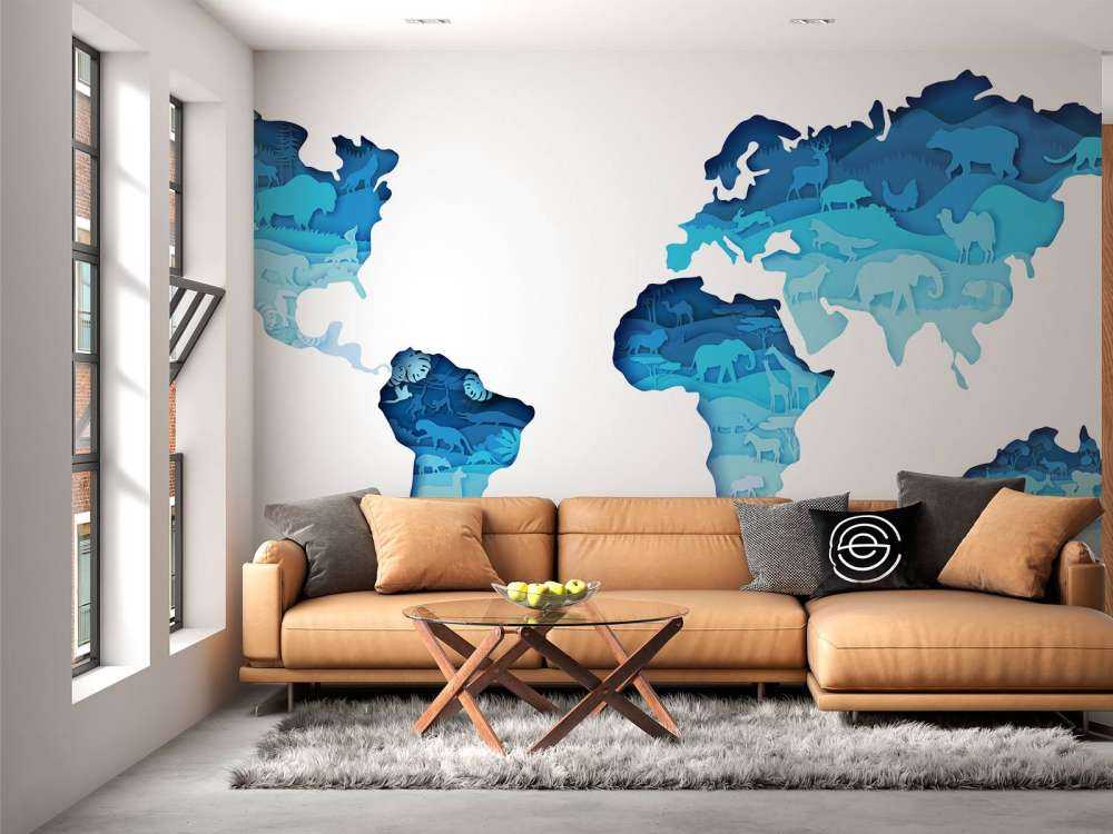 Dieren wereldkaart blauw tinten