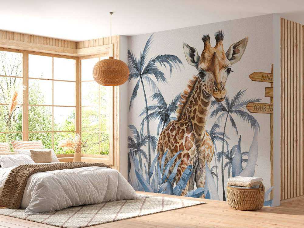 Baby giraffe in the jungle blue