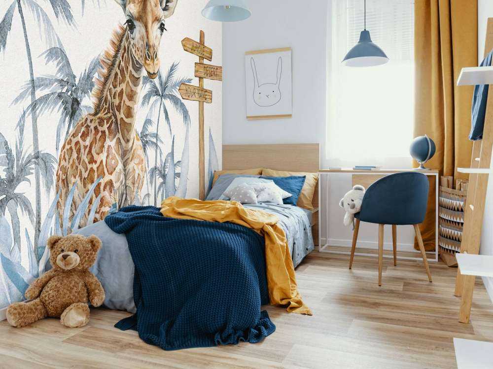 Baby giraffe in the jungle blue