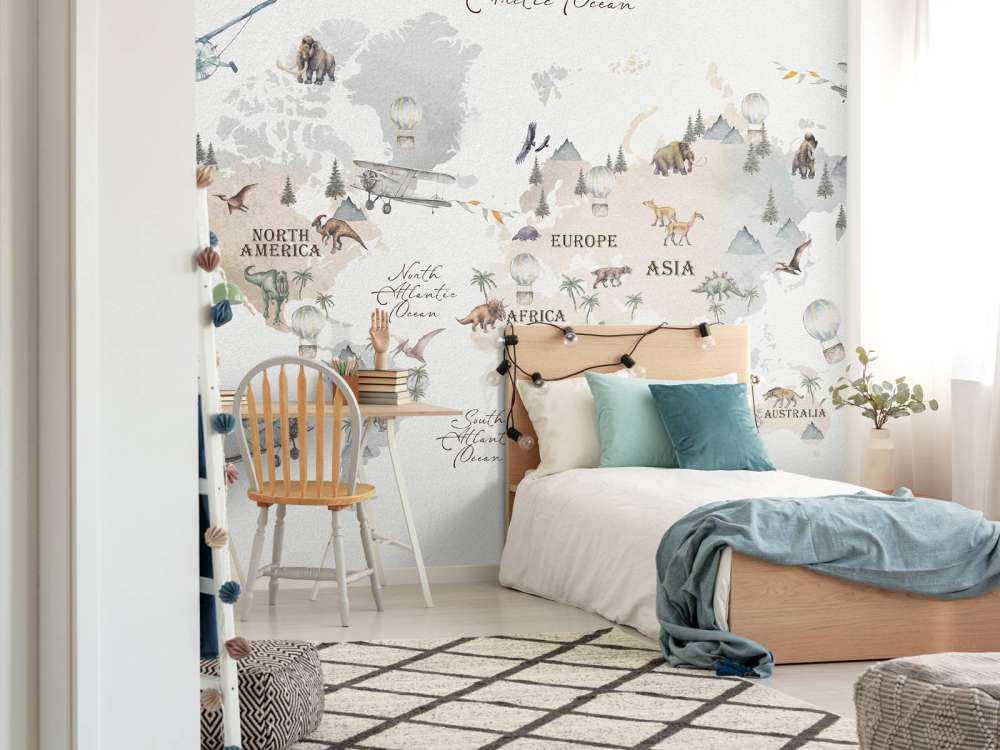 World map with dinosaurs