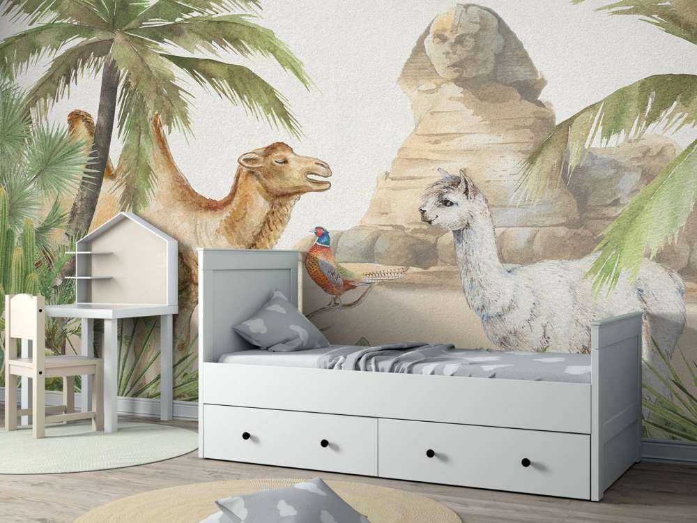 Camel and alpaca in the desert