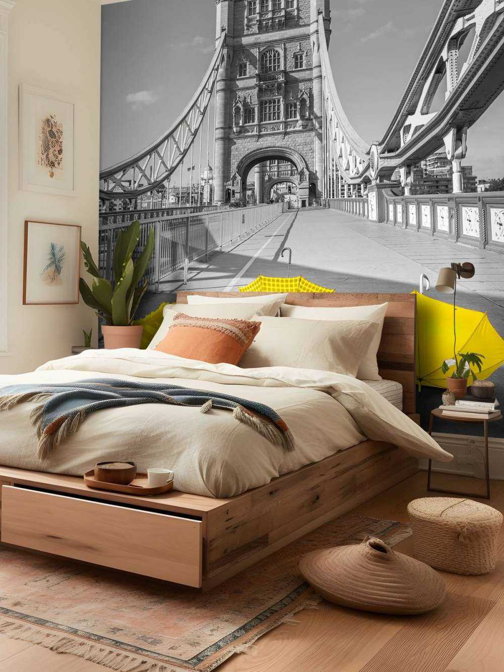 Yellow umbrellas on Tower bridge