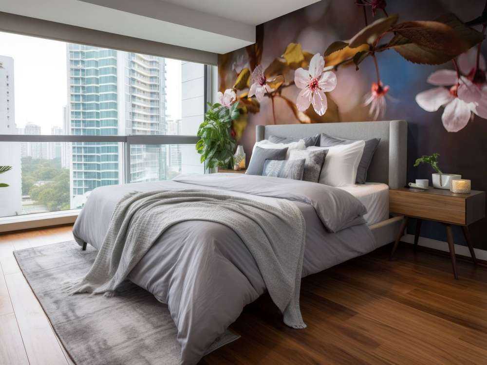 Pink blossoms and brown leaves