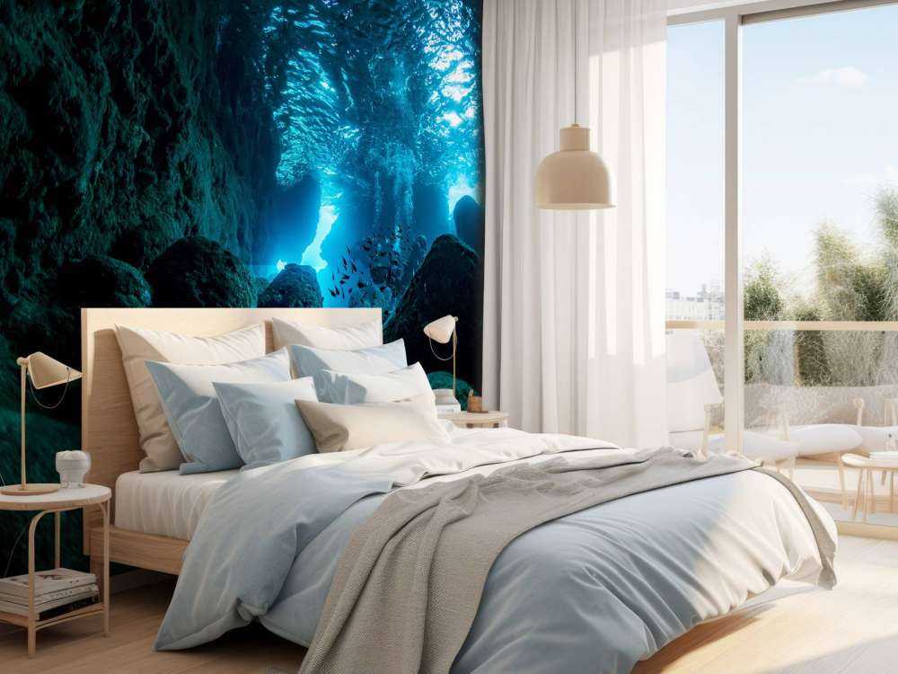 Sunbeams in underwater cave