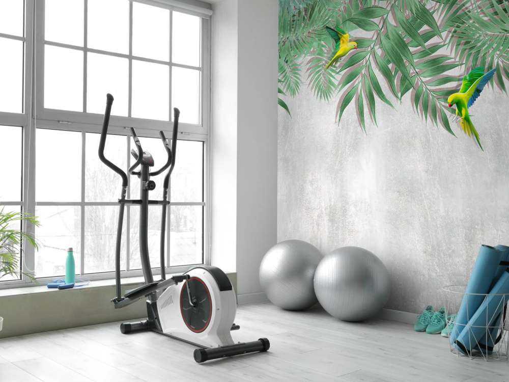 Tropical leaves and parakeets