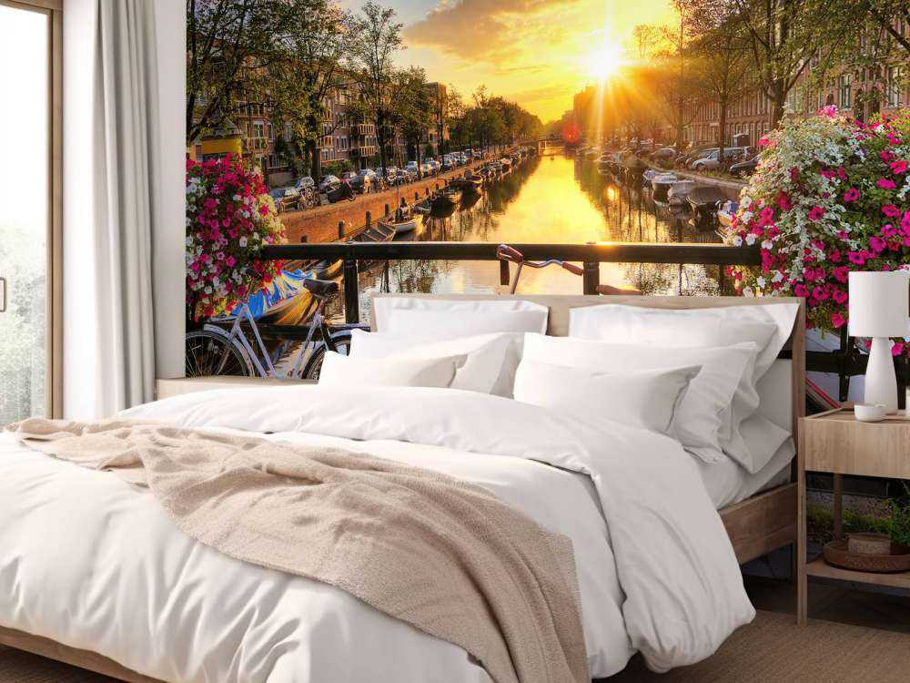 Cycling on a bridge with flowers