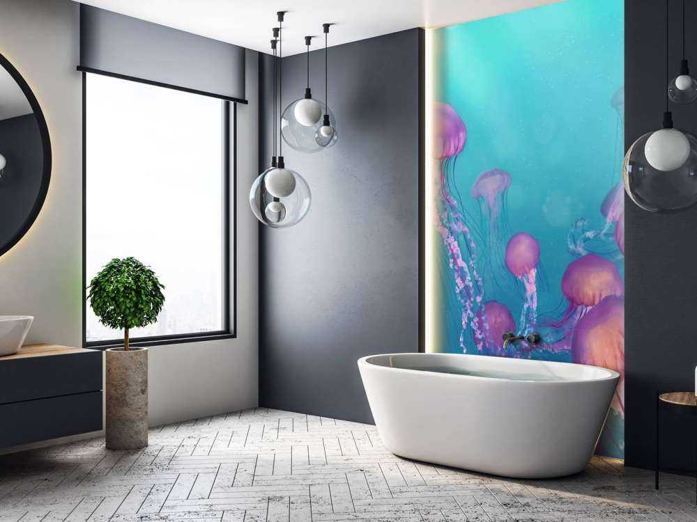 Pink jellyfish in blue sea