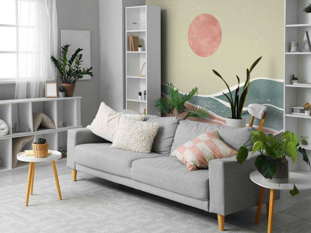 Colored ocean waves with a red moon