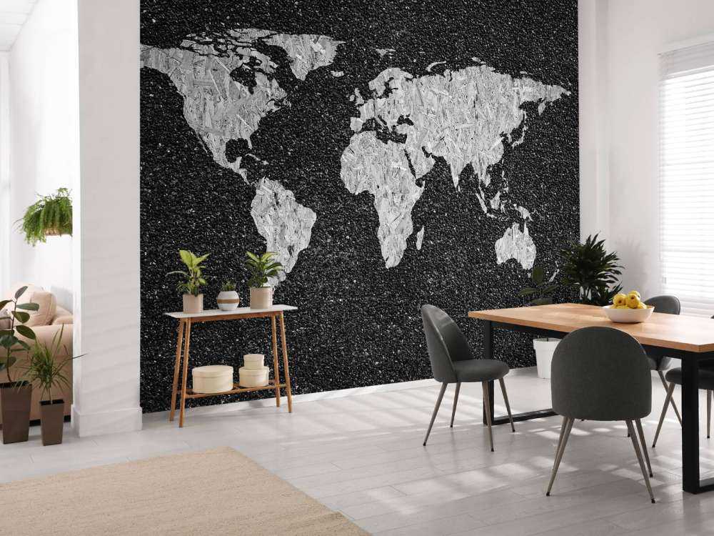 White world map on black background