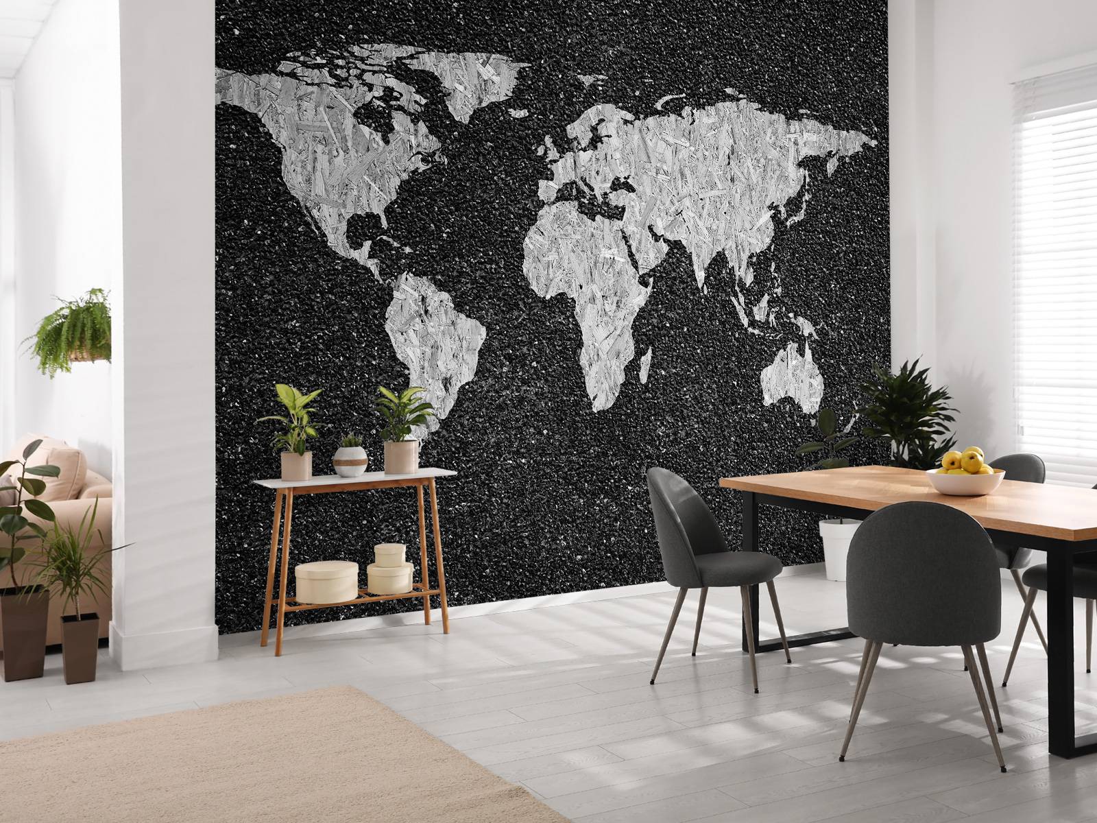White world map on black background