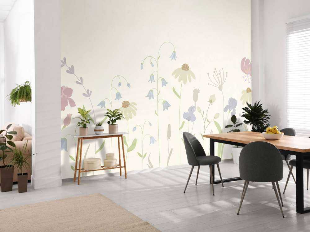 Field of flowers in high beige, old pink, green and lilac