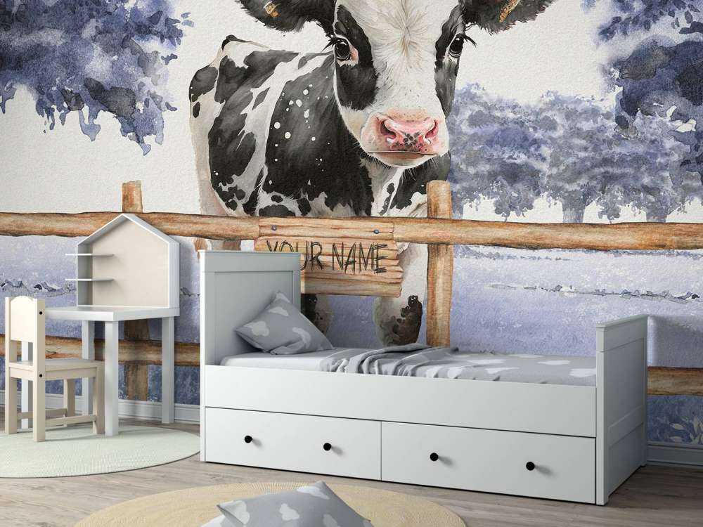 Young cow in a meadow blue