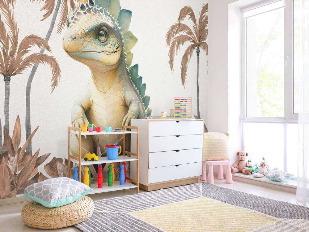 Baby stegosaurus in the taupe jungle