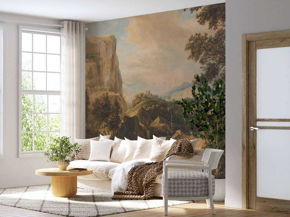 Mountainous landscape with fisherman