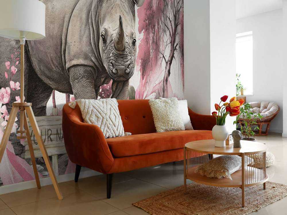 Baby rhino on the savannah pink