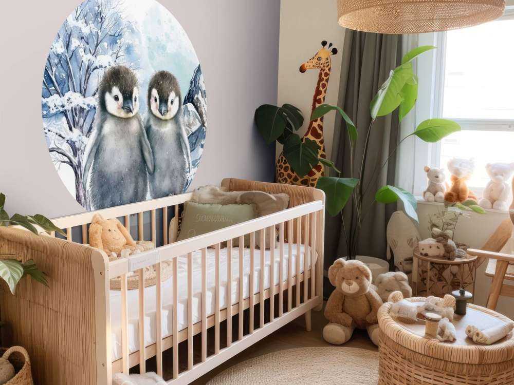 Cute penguins in winter landscape