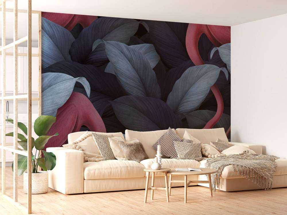 Flamingos with leaves