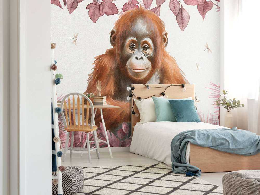 Young orang-utan in the jungle pink