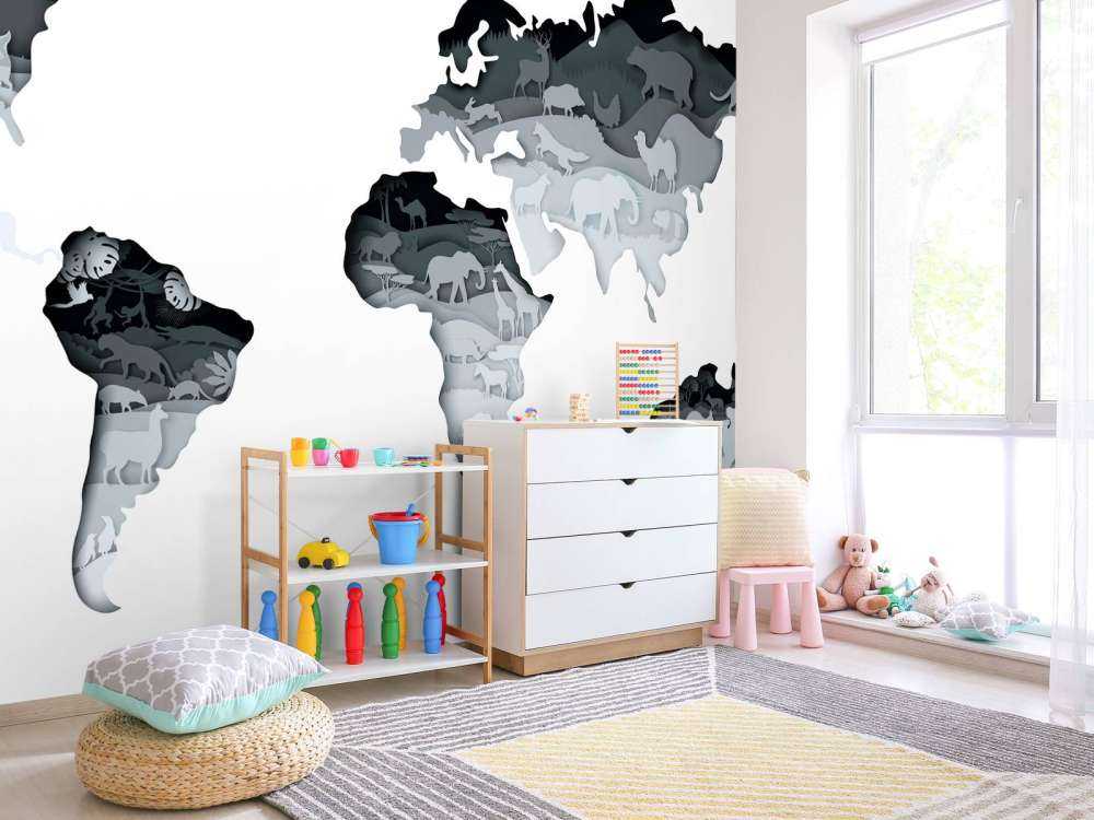 Dieren wereldkaart grijs tinten
