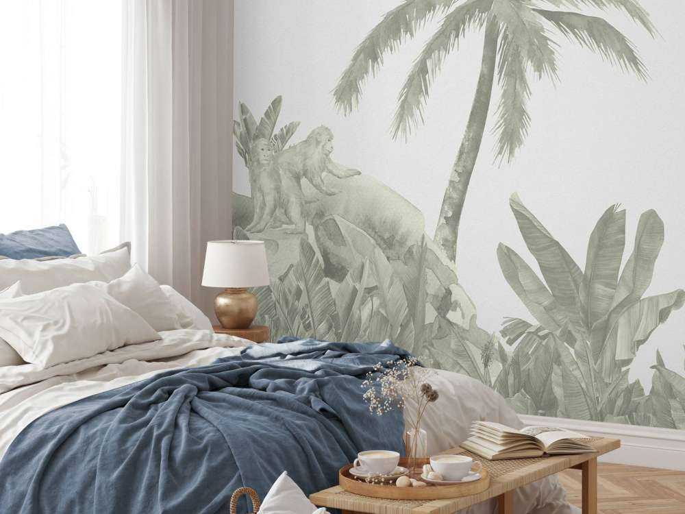 Monkeys and flamingos in green