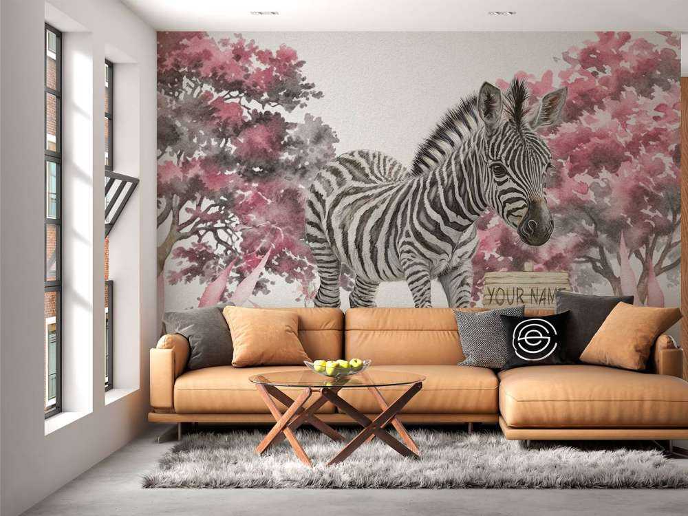 Young zebra in the wild pink