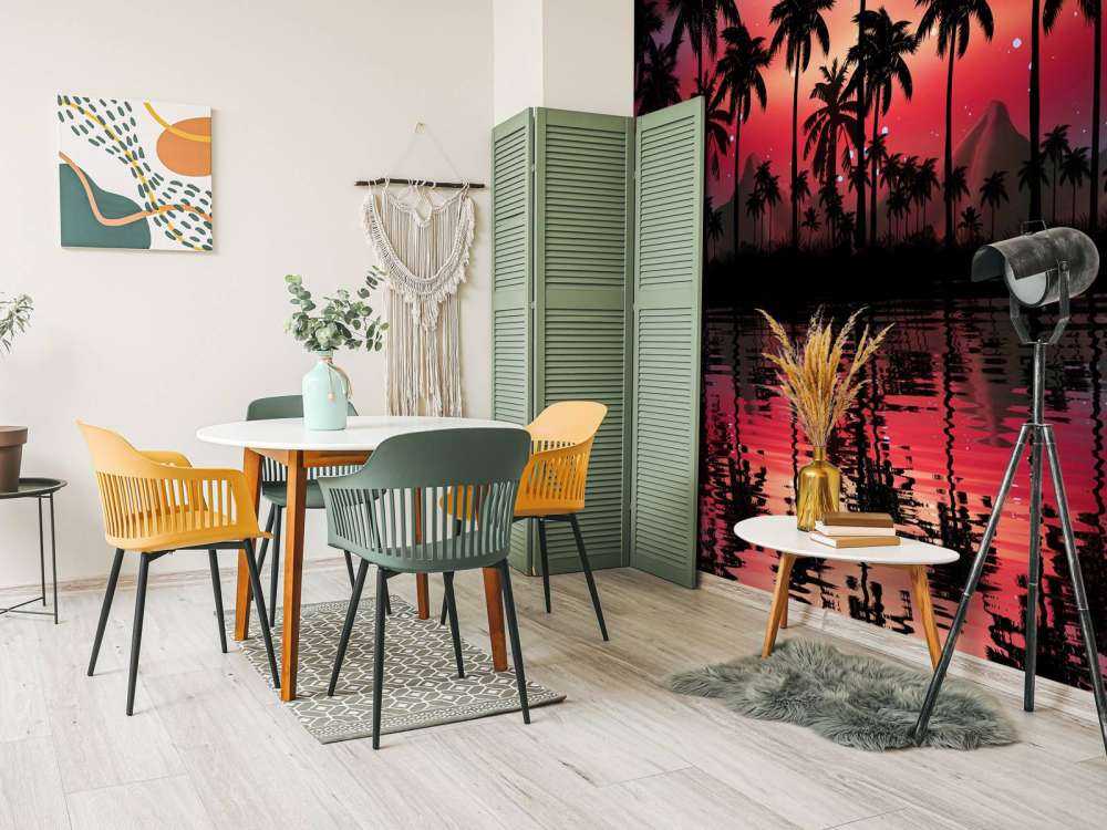 Palm trees in red sky