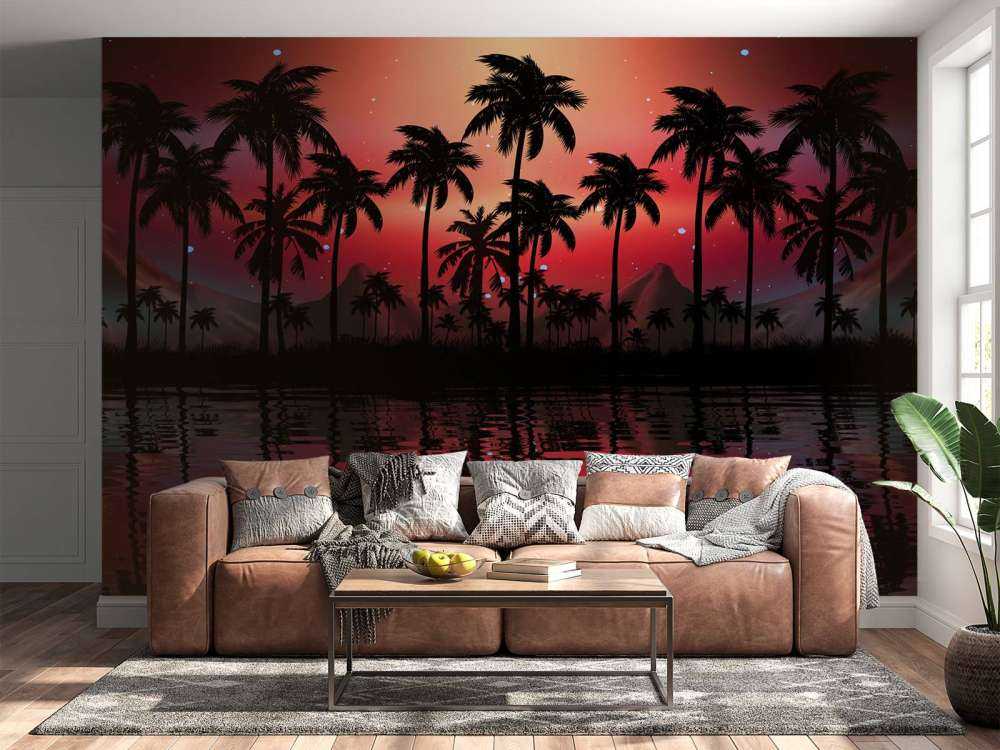 Palm trees in red sky