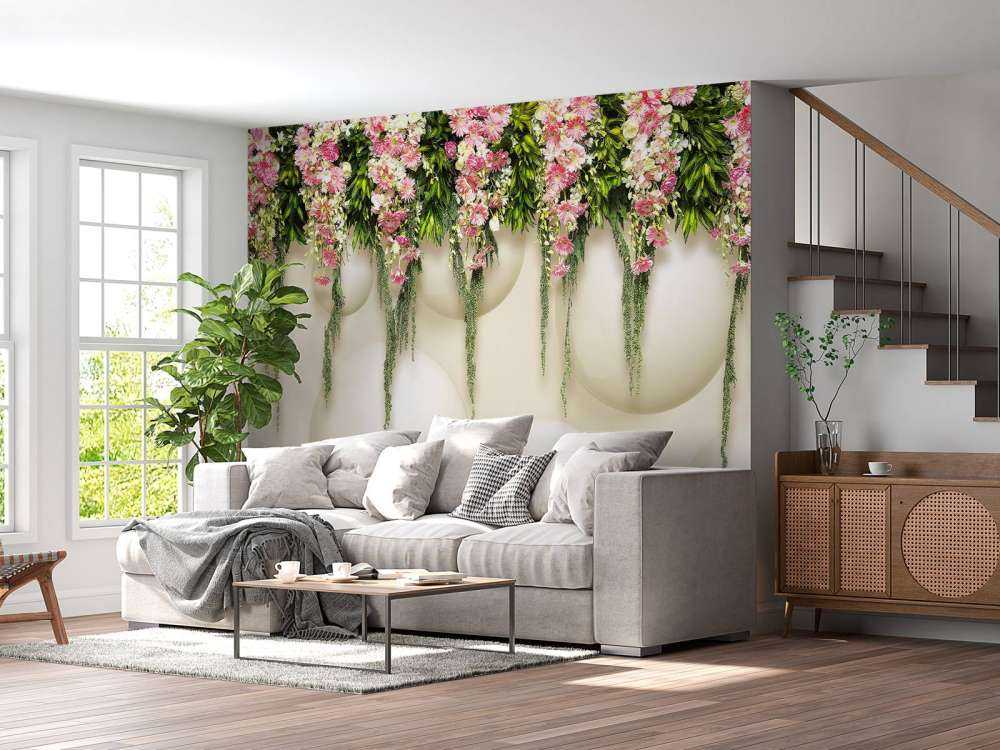 Hanging pink flowers on 3D wall