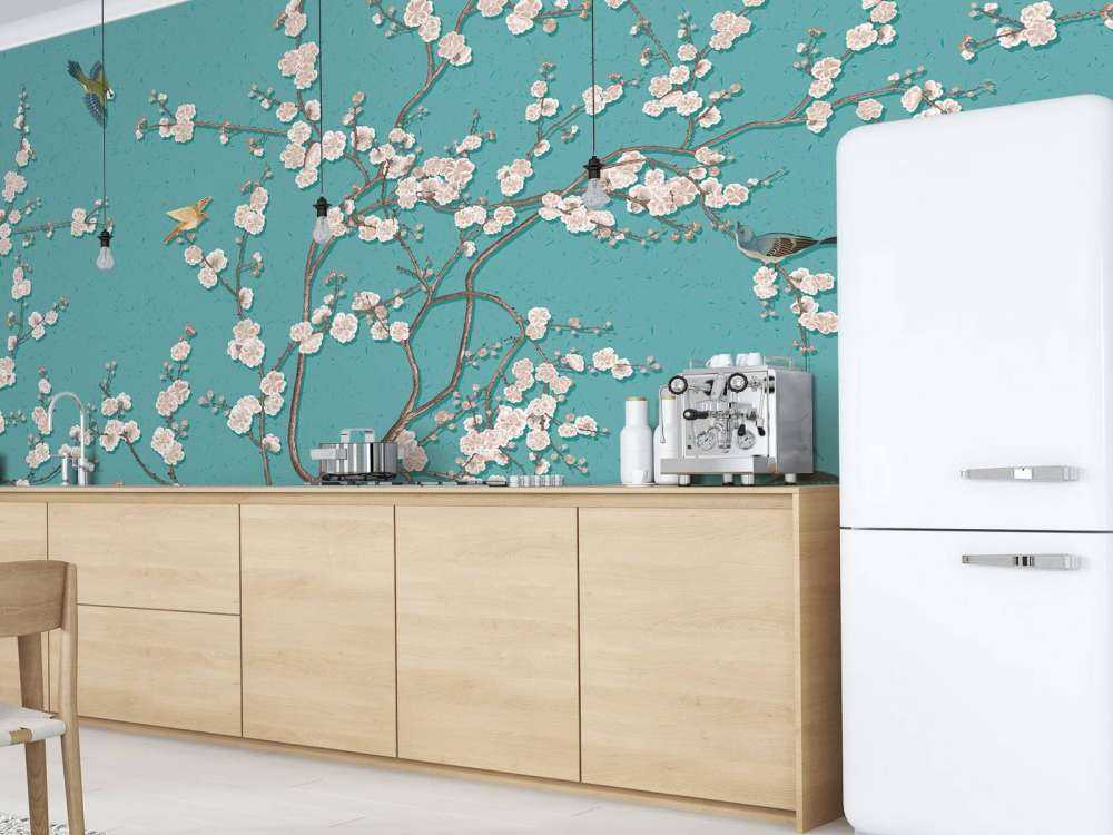 Drawn blossom tree with birds