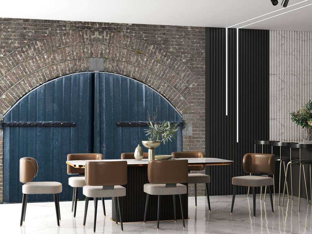 Bakstenen muur met blauwe deuren