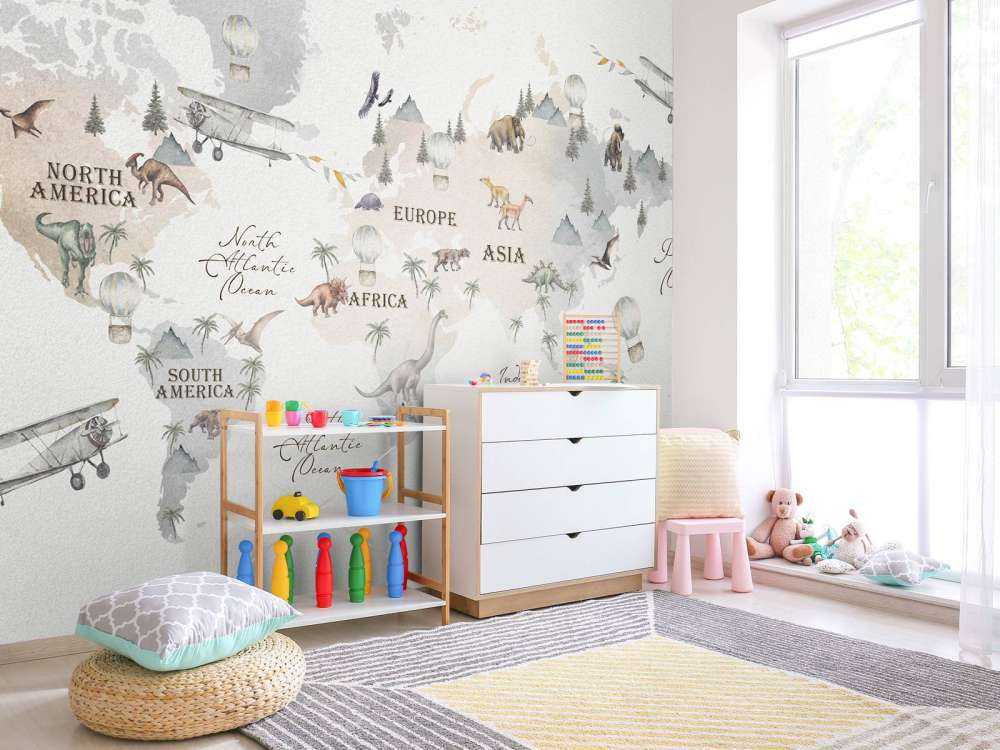 World map with dinosaurs