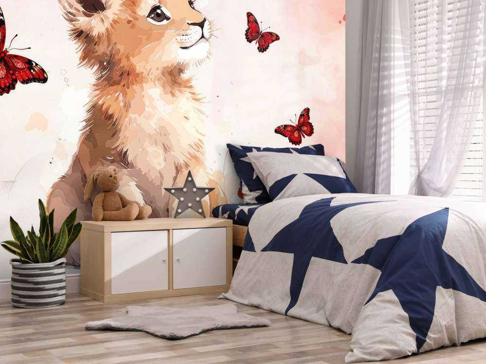 Dreamy lion cub and butterflies