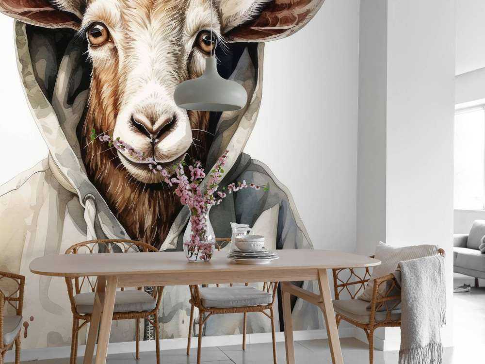 Watercolor Cartoon Goat in a Hoodie