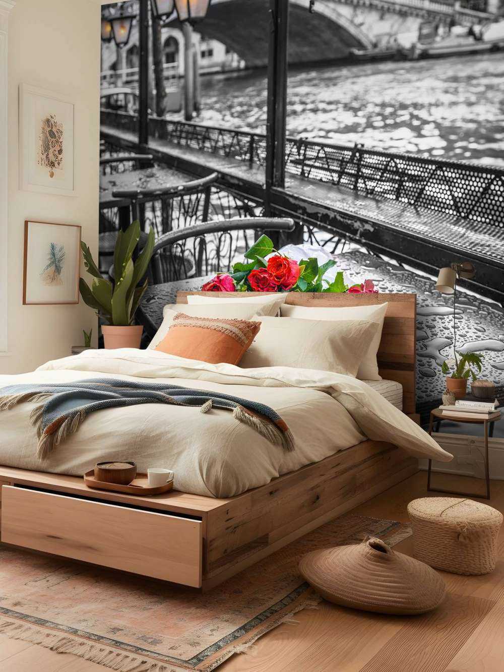 Bunch of red roses on street cafe table, Rialto Bridge, Venice, Italy